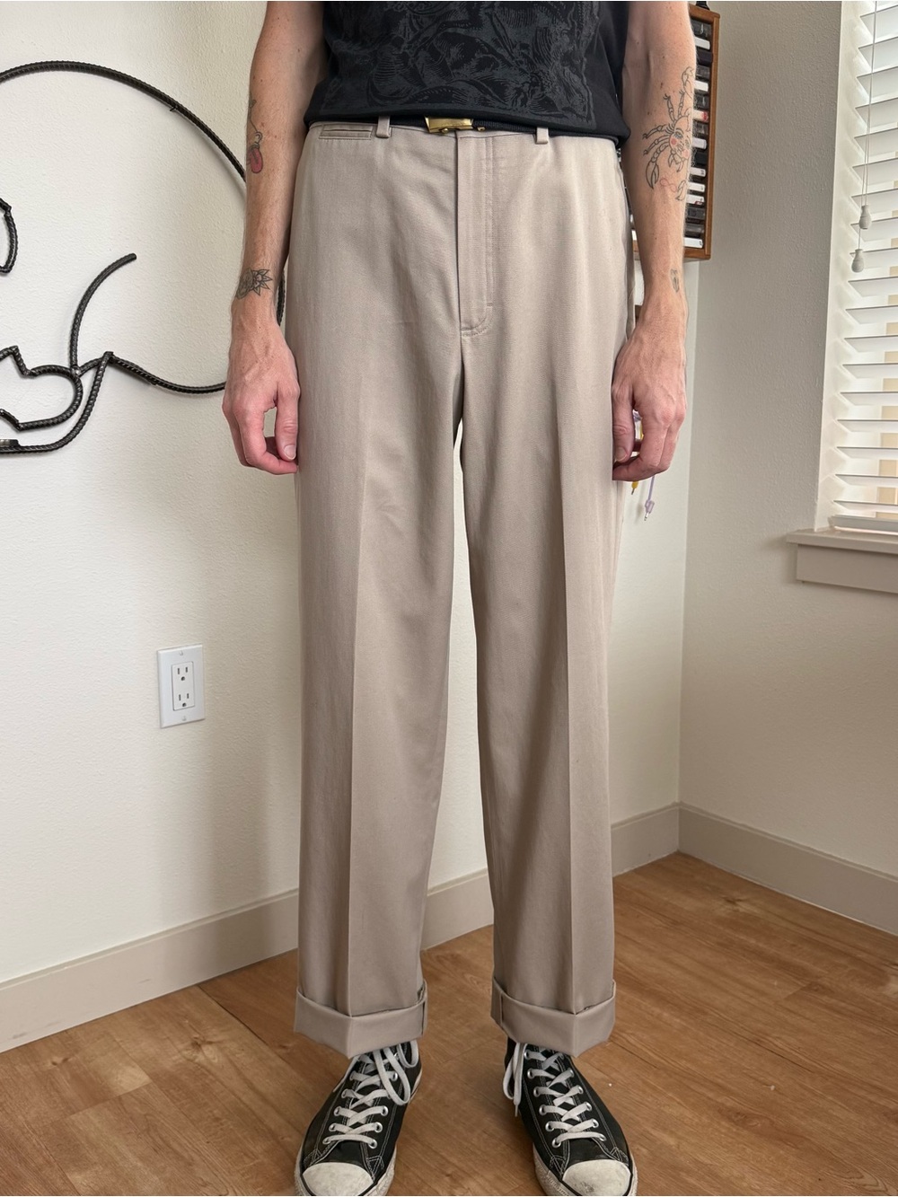 Vintage 90s 2000s LL Bean Flat Front High Waisted Beige Chinos ~ 33 x 34
